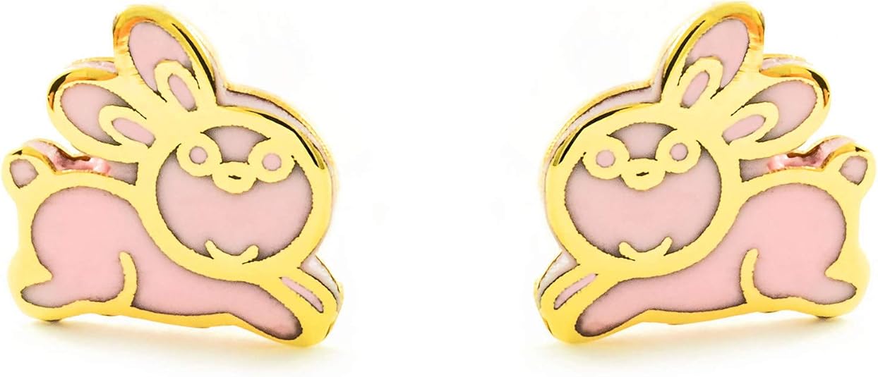 9ct Yellow Gold pink rabbit Children's Earrings Amazon.co.uk Jewellery