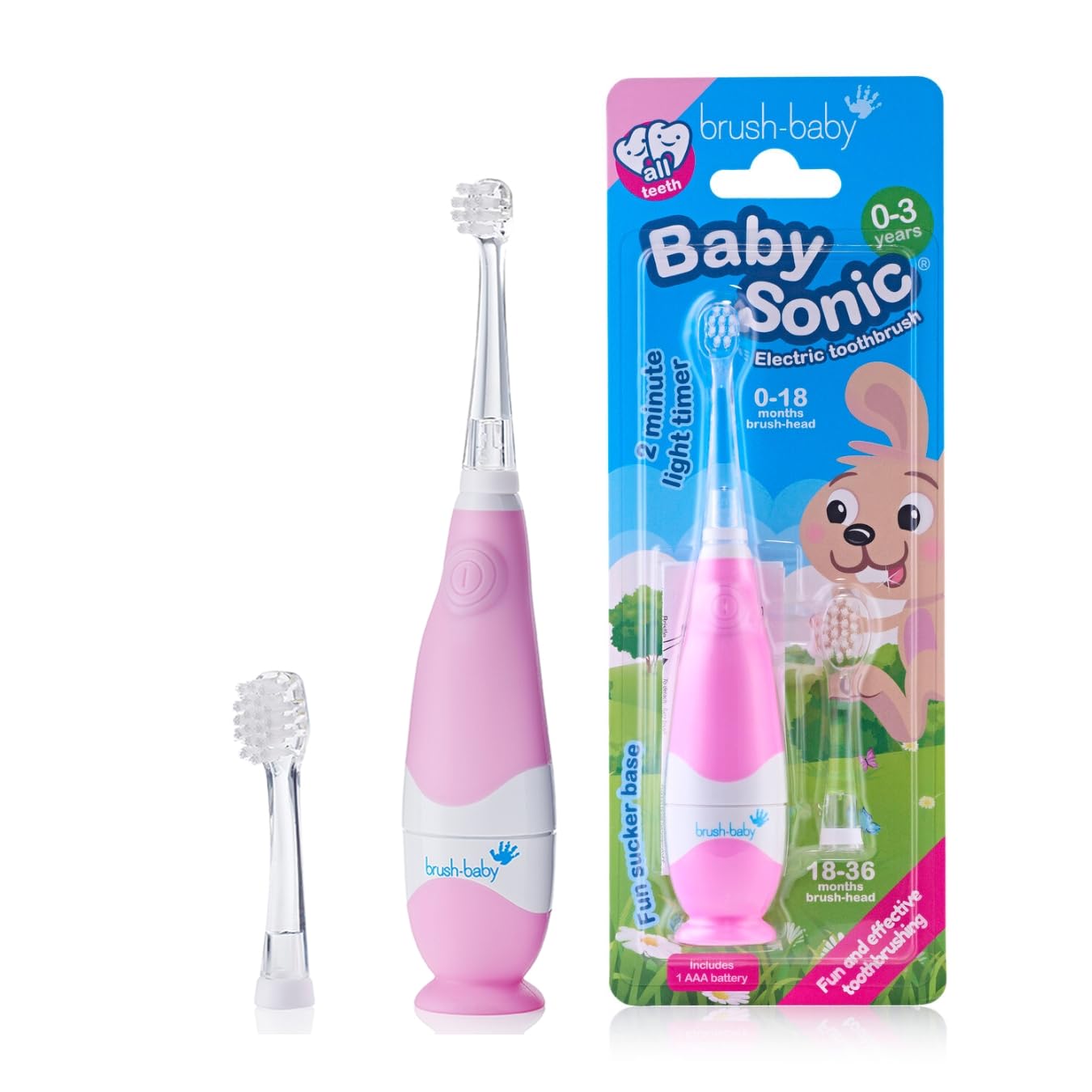 Brush Baby BabySonic Electric Toothbrush for Ages 0-3 Years - Includes 2 Sensitive Brush Heads (Pink)
