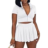 LAJIOJIO Women's 2 Piece Outfits Short Sleeve Crop Top and Pleated Skirt Set Casual Athletic Going Out Outfits