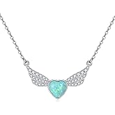 AINFQY Angel Wings Necklaces for Women 925 Sterling Silver Heart Opal Cubic Zirconia Pendant Necklaces Jewelry Gift for Girls