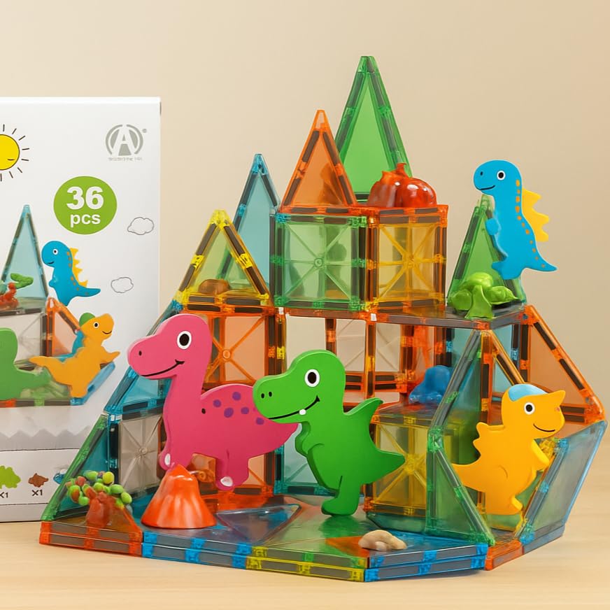Blocks Magnetic Building Set, 36 Pieces Dinosaur Theme with Colorful Translucent Tiles, Educational Construction Toy for Children Ages 3+