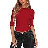 Pungdra Womens 3/4 Sleeve Boat Neck Tops for Women Ribbed Knit Slim Fit Plain T Shirts Cropped Basics Essentials Clothing