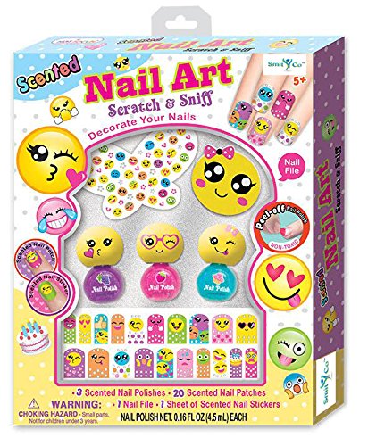 SmitCo LLC Nail Polish For Girls - Non Toxic Emoji Themed Nail Art Kit Or Spa Set For Kids - Includes Scented, Stickers, Peel-Off Nail Polish, Nail Patches, A File and Stickies