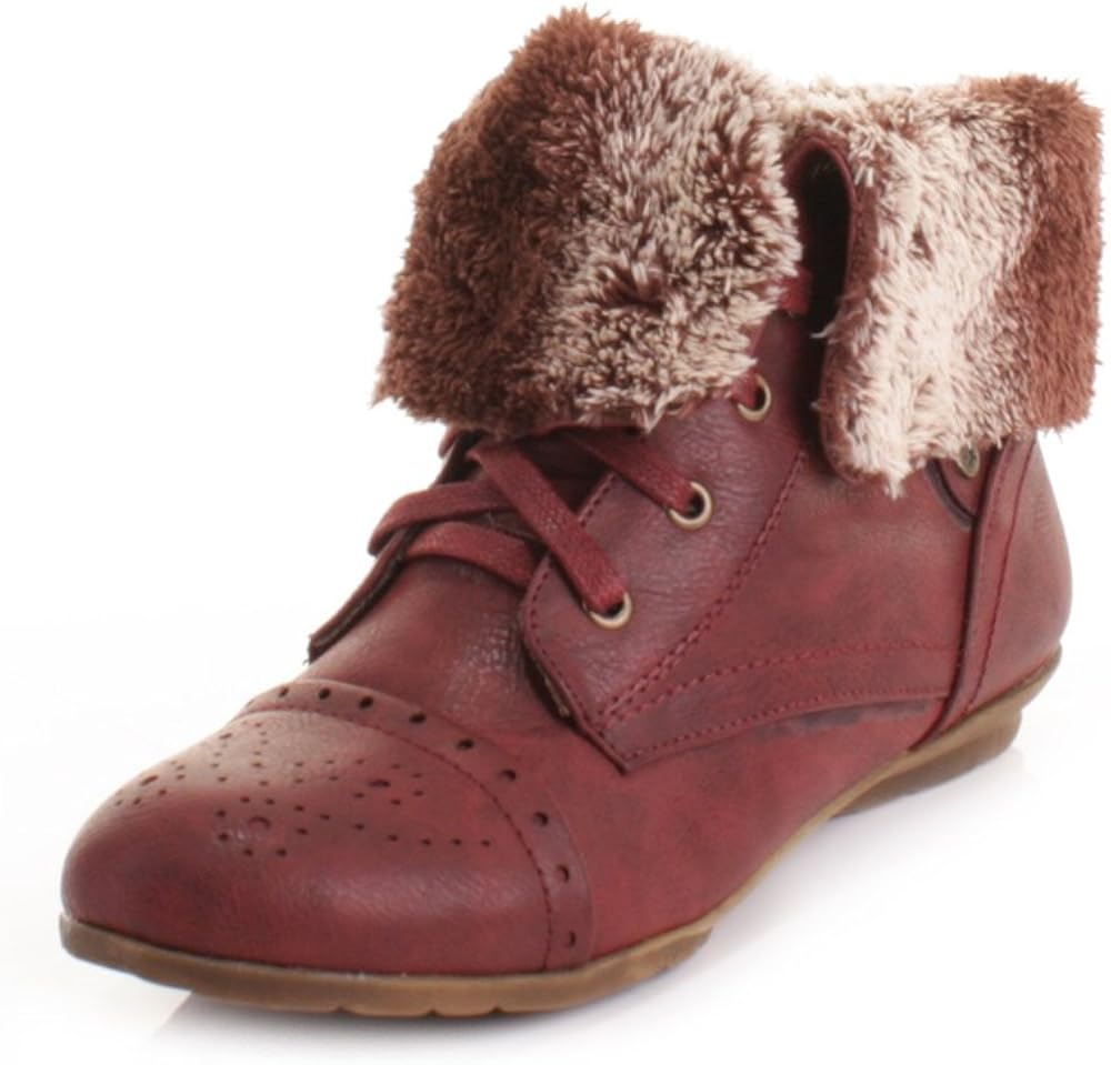 Womens Flat Fur Cuff Leather Style Ankle Boots Size 8 Burgundy Amazon