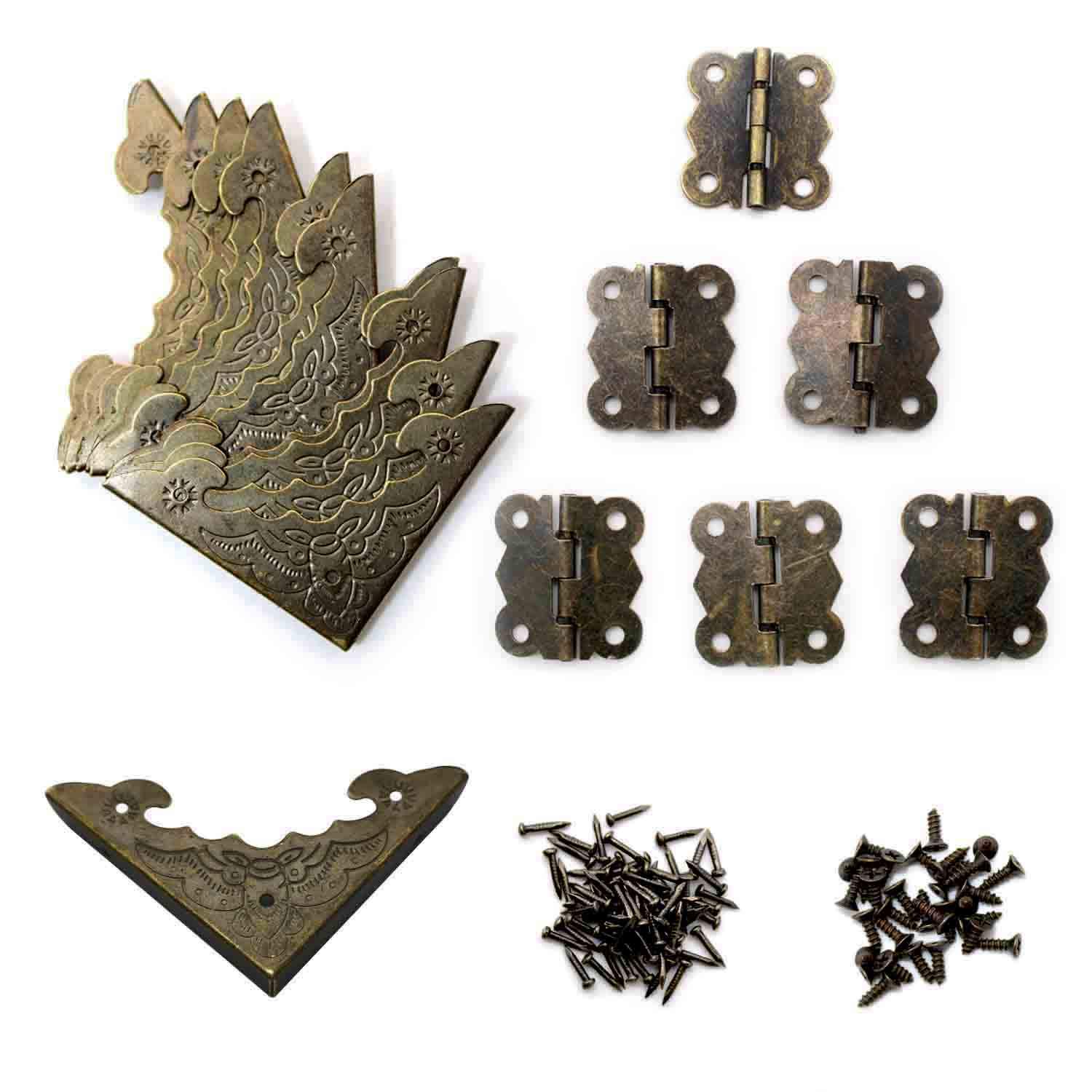 WJUAN 12 Pcs Antique Design Wooden Box Cabinet Jewelry Decorative Box Corners and 6 Pcs Vintage Hinge (a Rotation Angle of 180 Degrees), with Enough Fine Bronze Nails and Screws
