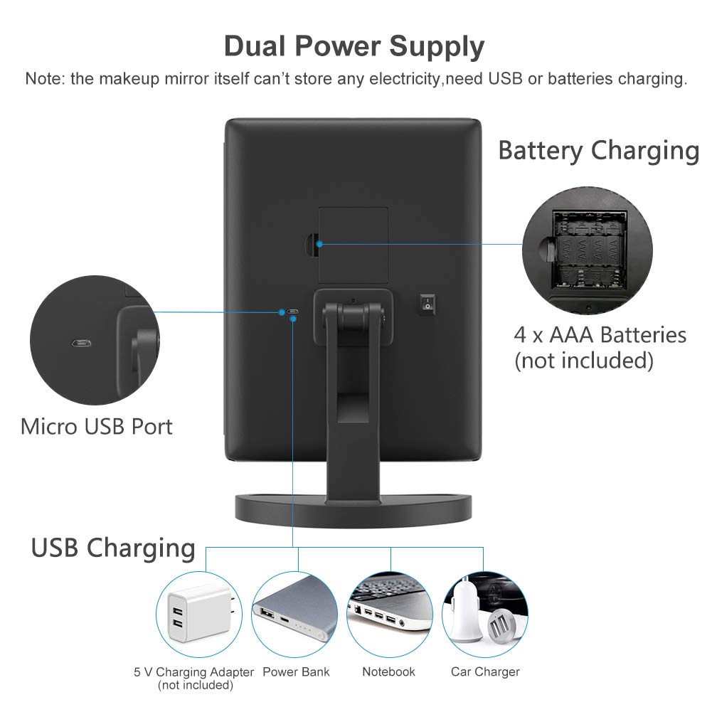 WEILY Makeup Vanity Mirror with 21 Led Lights, Trifold Dual Power Magnifying LED Lighted Cosmetic Mirrors (Black) : Beauty