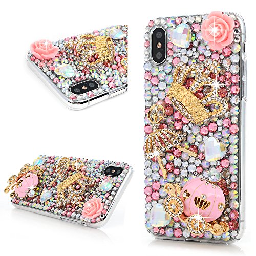 iPhone X Case, Mavis's Diary Full Edge Protective Plastic Case, 3D Handmade Crystal Clear Bling Full Diamonds Colorful Shiny Rhinestone Pink Pumpkin Car Gold Crown Hard PC Cover for iPhone X Edition