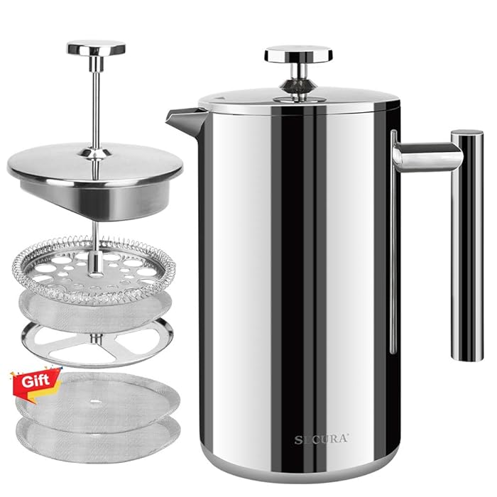Secura French Press Coffee Maker, 304 Grade Insulated Stainless Steel Coffee Press, Dishwasher Safe, Extra 2 Filters Included, 50oz (1500ML)