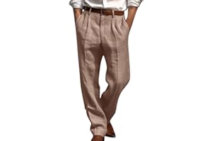 Finelylove Cotton Linen Pants Men Straight Leg Pleated Work Dress Pants Relaxed Fit Casual Leisure Chino Trousers