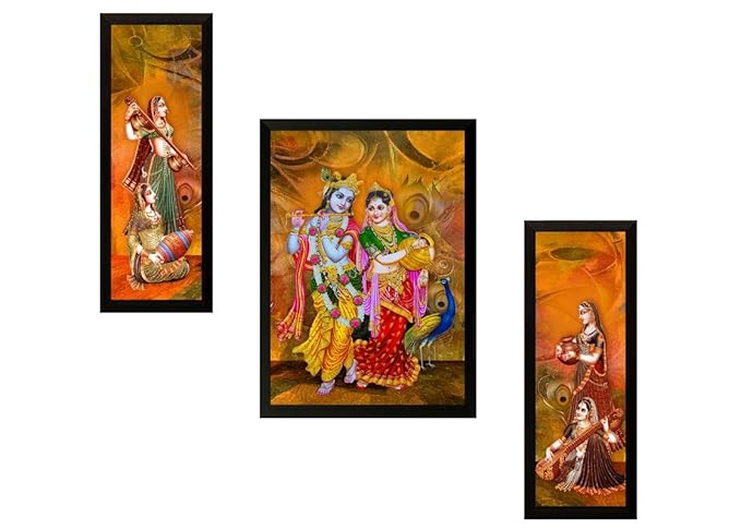 SAF Diwali Gift UV Textured Radha Krishna Print Framed Painting Set of 3 for Home Decoration – Size 35 x 2 x 50 cm PhotoPS7545