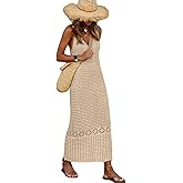 SISKIN Women's Long Crochet Beach Cover Ups Swimwear Mesh Bathing Suit Sexy Beach Maxi Sleeveless Dress in Summer Khaki