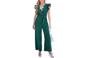 CUPSHE Women V Neck Lace Maxi Jumpsuit Ruffle Cap Sleeve Pockets Jumpsuit with Belt Overall Rompers Outfits