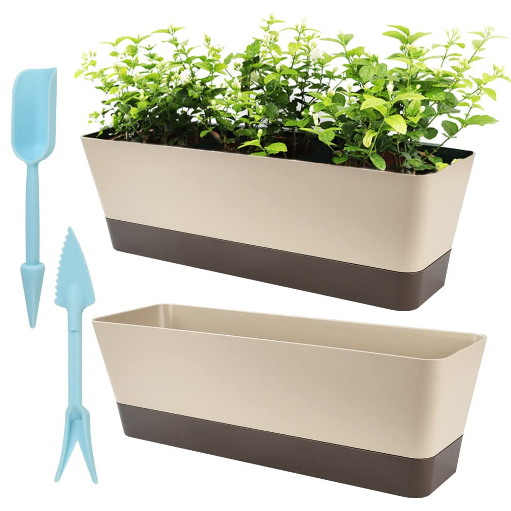 STCRERAG Succulent Plant Pot,2 Pcs Watering Planter Pot Rectangle with Drainage Holes and 2 Pcs Seedling Transplanter Long Shallow Pot for Bay Window,Kitchen Windowsill,Shelf,Coffee Table(Plastic)