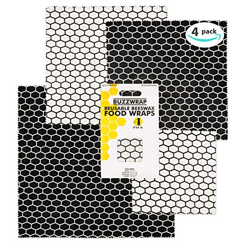 BUZZWRAP Premium Beeswax Food Storage Wraps, 4-Pack, Modern Design, Eco-Friendly, Reusable, Sustainable, Biodegradable, Non Toxic and Plastic Free. (4-Pack)