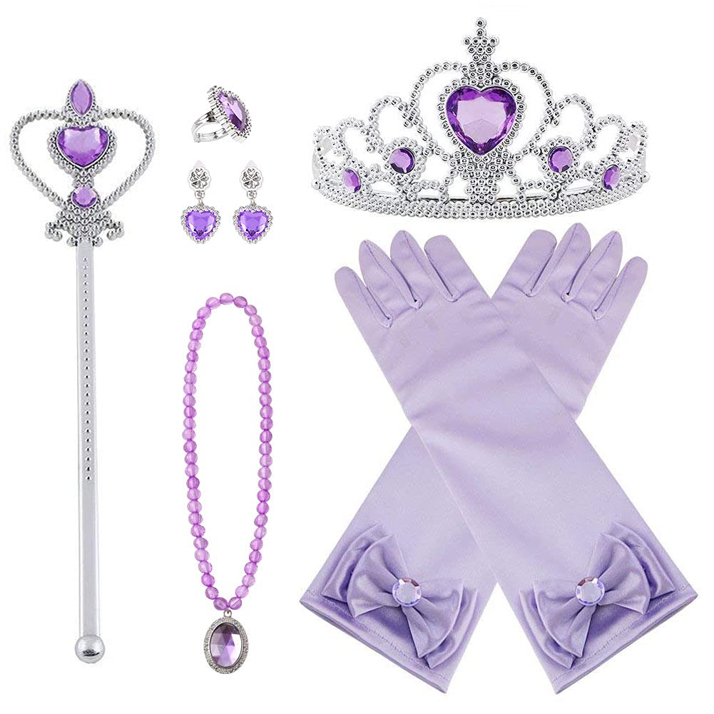 Vicloon Elsa Dress Up Accessories Set, 7 Pcs Princess Dress-up Party Accessories for Girls with Elsa Gloves, Princess Tiara, Earring, Magic Wand, Necklace(Purple)