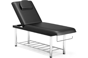 SyyBhb Professional Stationary Massage Table 550lbs, Heavy Duty Wide Exam Bed for Treatment, Backrest Adjustable, Removable Headrest, Bottom Shelf Storage and Towel Hook, Black