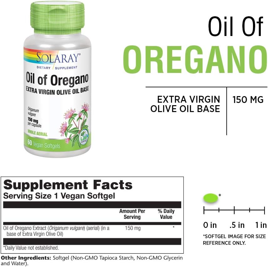 Solaray Oil of Oregano 150 mg | Extra Virgin Olive Oil Base | Whole Aerial | Healthy Immune & Intestinal Flora Support | Vegan & Non-GMO | 60 Softgels: Health & Personal Care