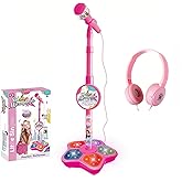 Kids Karaoke Microphone with Adjustable Stand,Standing Mic for Portable Singing, Retractable Headset for Music Sing-along,Flashing Stage Light Base for Aged 3-6 Boys Girls (Pink)