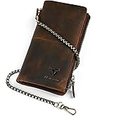 Handadsume Genuine Crazy Horse Leather Travel Gift Coin Pocket Card Case Long Organizer Chain Rfid Wallet Purse With Snap For Men Male 1029 (1029 Brown)
