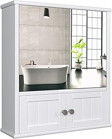 HOMECHO Armario de Baño con Espejo Armario de Pared de Gran Capacidad de Almacenamiento para Baño Cocina Medicina de MDF Blanco 55 x 17.5 x 60 cm 