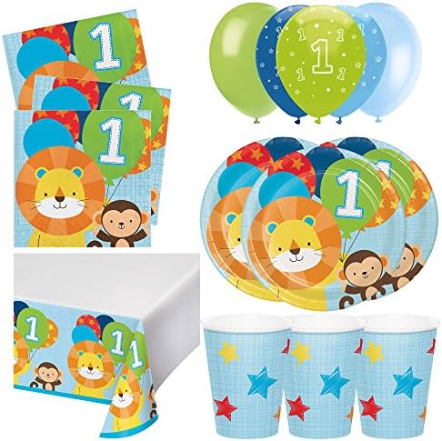 PartyPartyCompany® One is Fun 1st Birthday Boy Party Tableware Essential Pack (16 People)