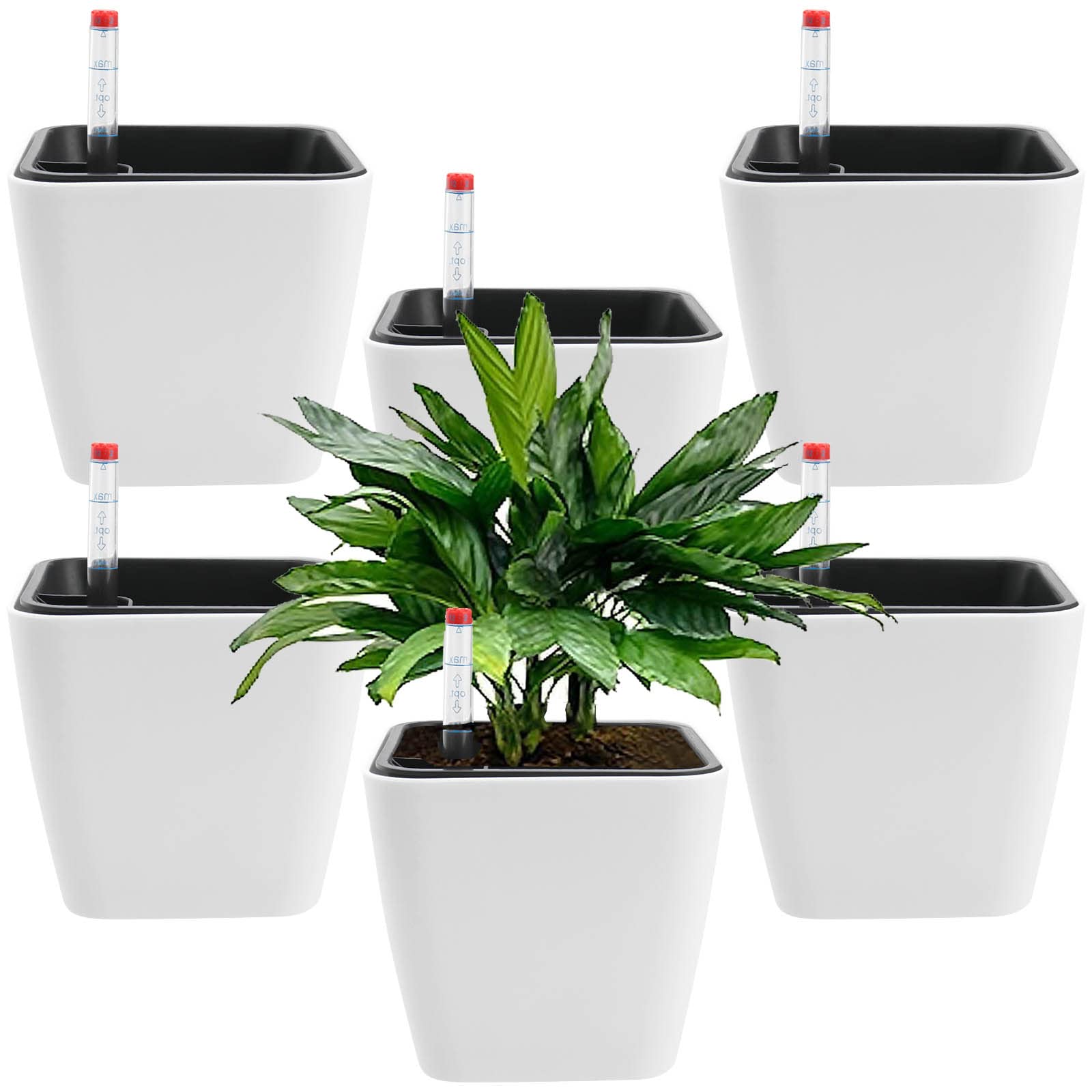 ZEONHEI Pack of 6 14 cm Plastic Self-Watering Plant Pots with Water Indicator, White Self-Watering Pot Self-Watering Flower Pot Planter for Indoor and Outdoor Use