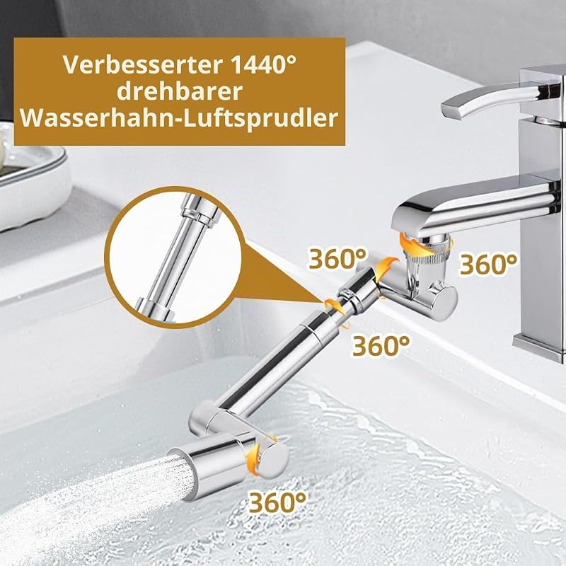 Drehbarer Wasserhahn Aufsatz, 1440 Grad Drehbarer Multifunktionaler Wasserhahn Verlängerungshahn, Wasserhahnaufsatz mit 2 Einstellbarer Adapter, Wasserhahnverlängerung für Bad und Küche — Foto 3 von 7