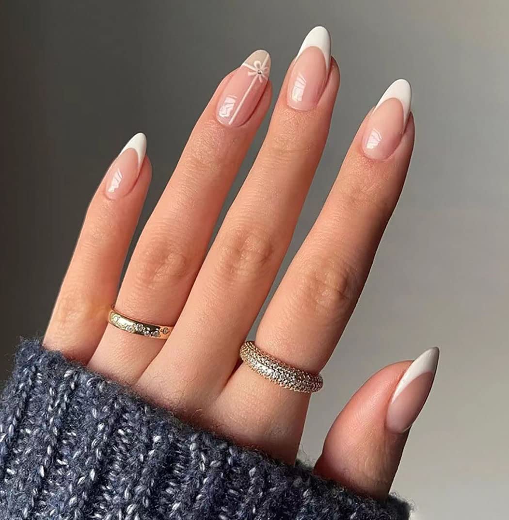 Vatocu Oval Glossy False Nails French Pink Fake Nails Short White Lines Press on Nails Nude Flower Acrylic Stick on Nails for Women and Girls (24pcs）