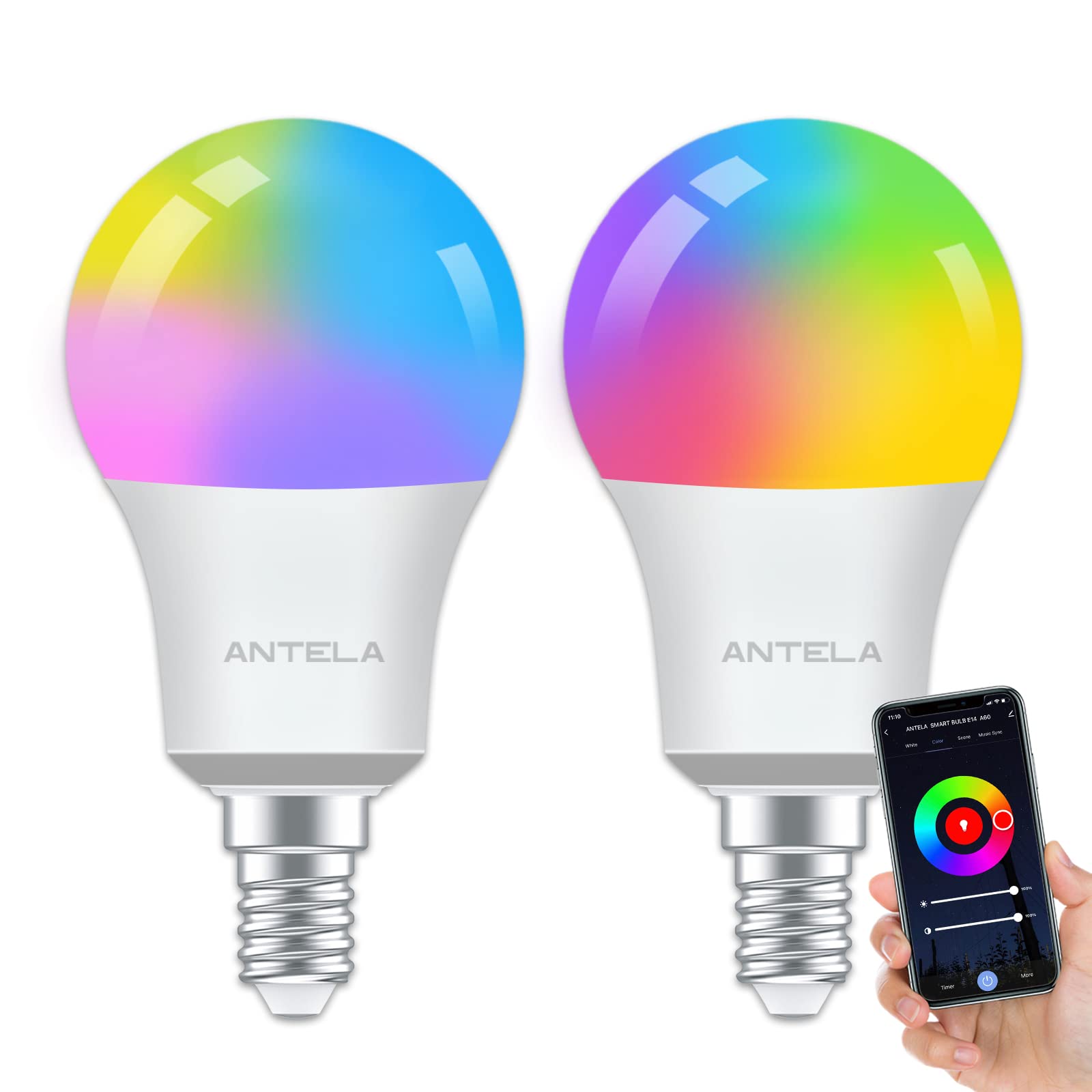 ANTELA Smart Bulb E14 Alexa Light Bulb A60 7W 806LM LED RGB Dimmable Bulb, 2700K-6500K Warm and Cool White, Smart Life App Control, Compatible with Alexa Google Home, 2.4GHz, 2PCS