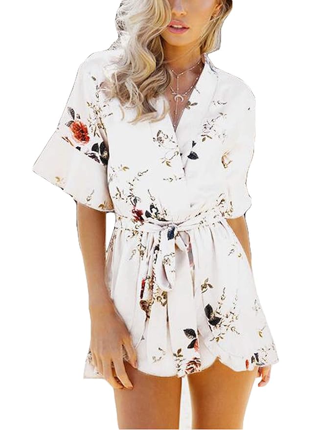 ASKSA Damen Overall Sommer Jumpsuit Kurz V-Ausschnitt Böhmen Bodysuit Elegant Playsuit Vintage Blumenmuster Strandkleid