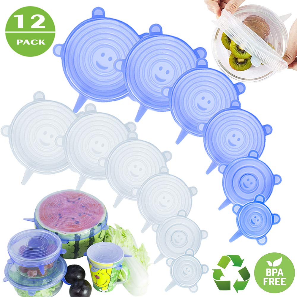 Artbisons Silicone Stretch Lids, 12 Pack Food Storage Reusable Covers - Durable Stretchable Flexible Cover Fits Various Sizes Containers Lids for Bowl, Cup (Blue/Clear)