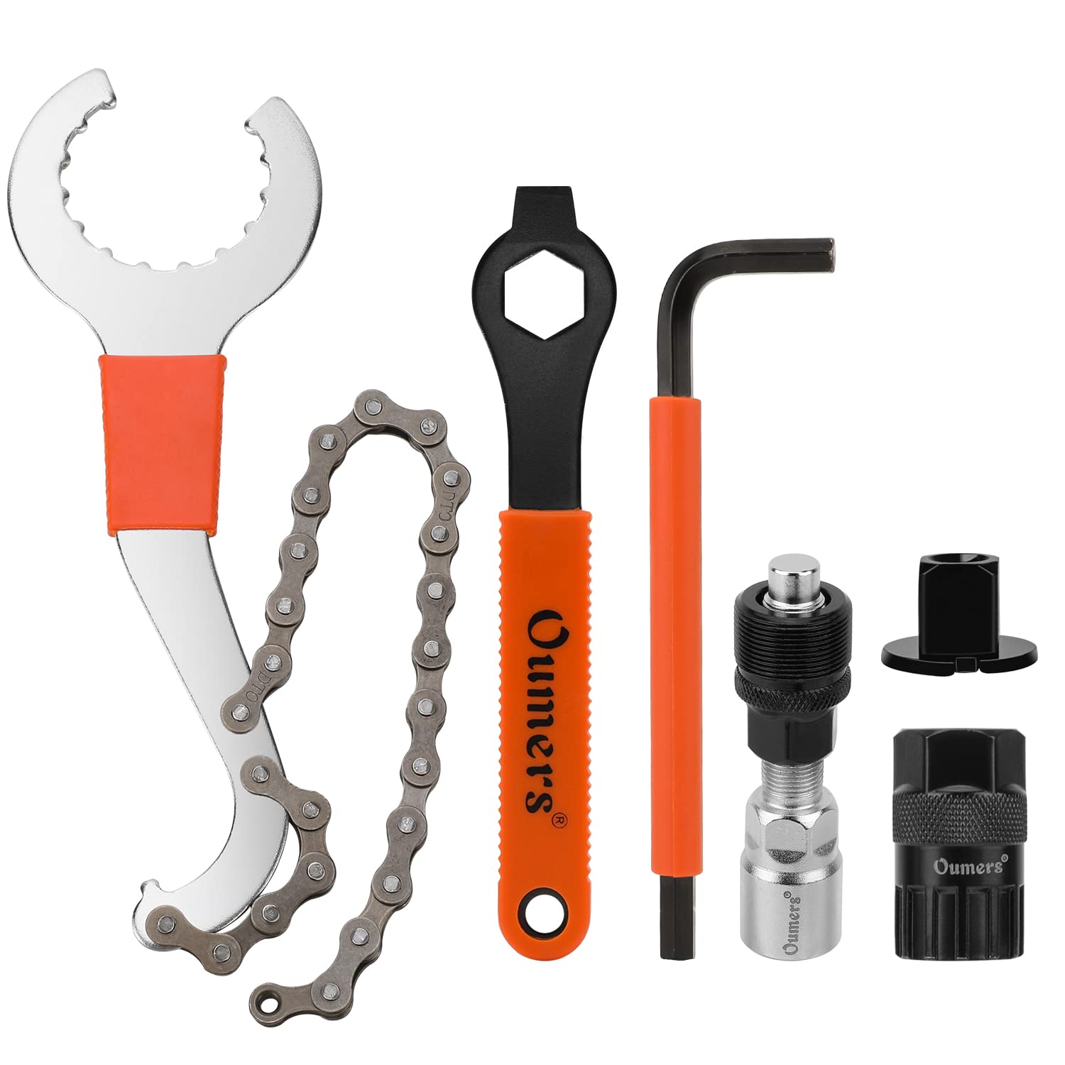 Oumers 6 Pcs Bicycle Repair Tool Set, 3-in-1 Multitool Bike Cassette Removal Tool with Chain Whip, Allen Wrench, Includes Lock-Ring Remover, Crank Puller