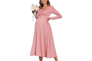 AISWI 2024 Maternity Tie Front Ruched Nursing Dress A Line Long Sleeve V Neck Swing Pregnancy Maxi Dresses