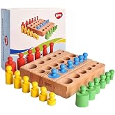 BOHS Montessori Knobbed Cylinder Blocks, Wooden Sorting Toy for Kids | 24 colorful pegs; self-correcting size matching; pincer-grip practice; fine motor, spatial reasoning and comparison skills