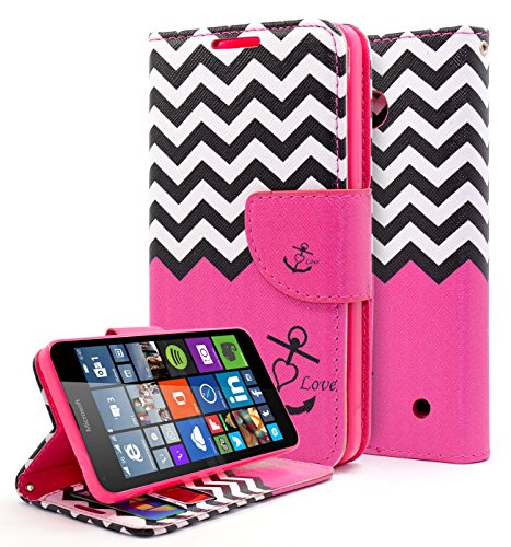 Lumia 640 Case, NageBee [Kickstand Feature] Premium PU Leather Flip Fold Wallet Case with [ID&Credit Card Slot] for Microsoft Lumia 640 LTE/ Nokia Lumia 640 (Wallet Pink Chevron)