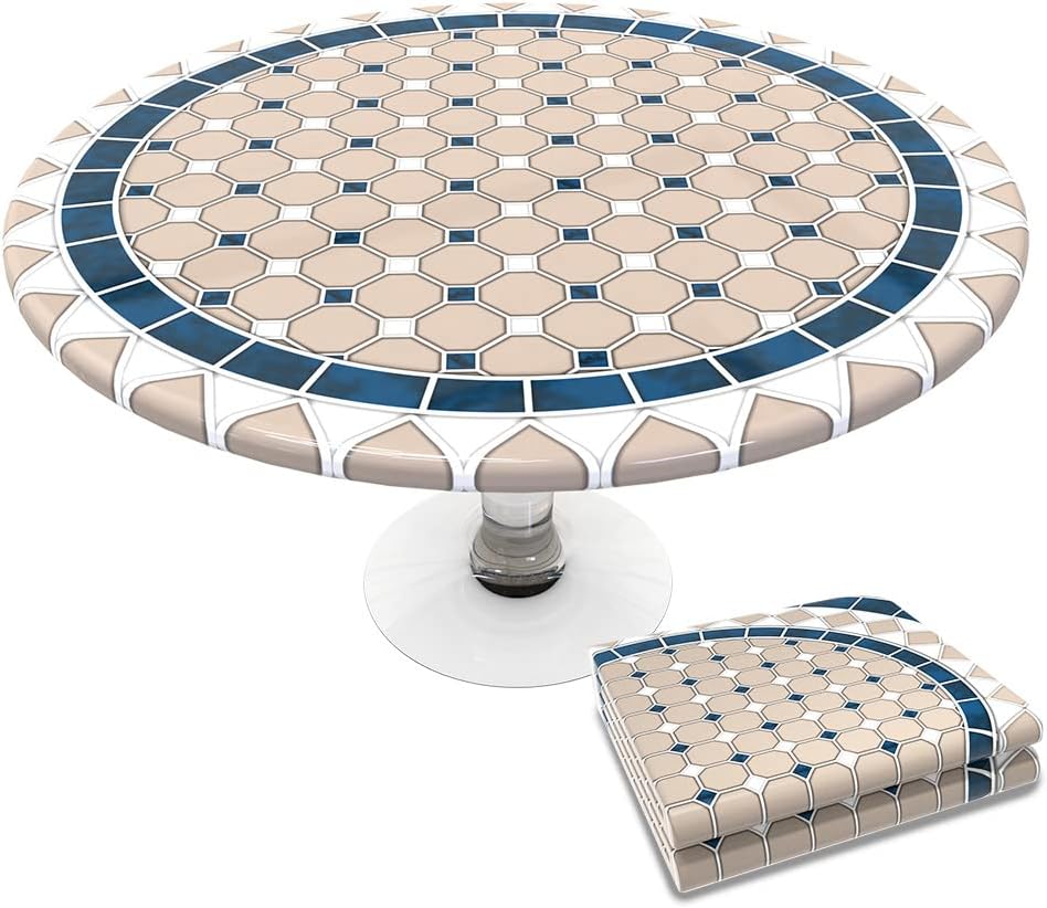 VOUNOT Round Tablecloth Covers Elastic Picnic Waterproof 90-120cm Khaki Blue