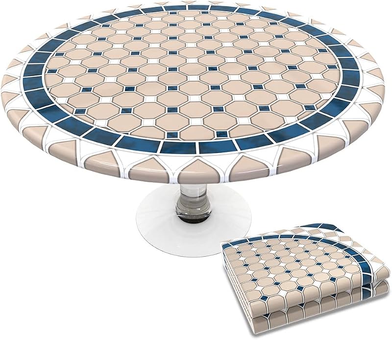 VOUNOT Round Tablecloth Covers Elastic Picnic Waterproof 90-120cm Khaki Blue