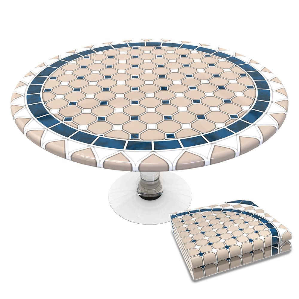 VOUNOT® Round Tablecloth Covers Elastic Picnic Waterproof Table Cover Ceramic Pattern 90-120cm, Khaki Blue