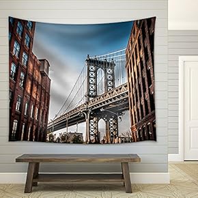 Manhattan Bridge Seen from a Narrow Alley Enclosed by Two Brick Buildings on a Sunny Day in Summer - Fabric Wall Tapestry Home Decor - 51x60 inches