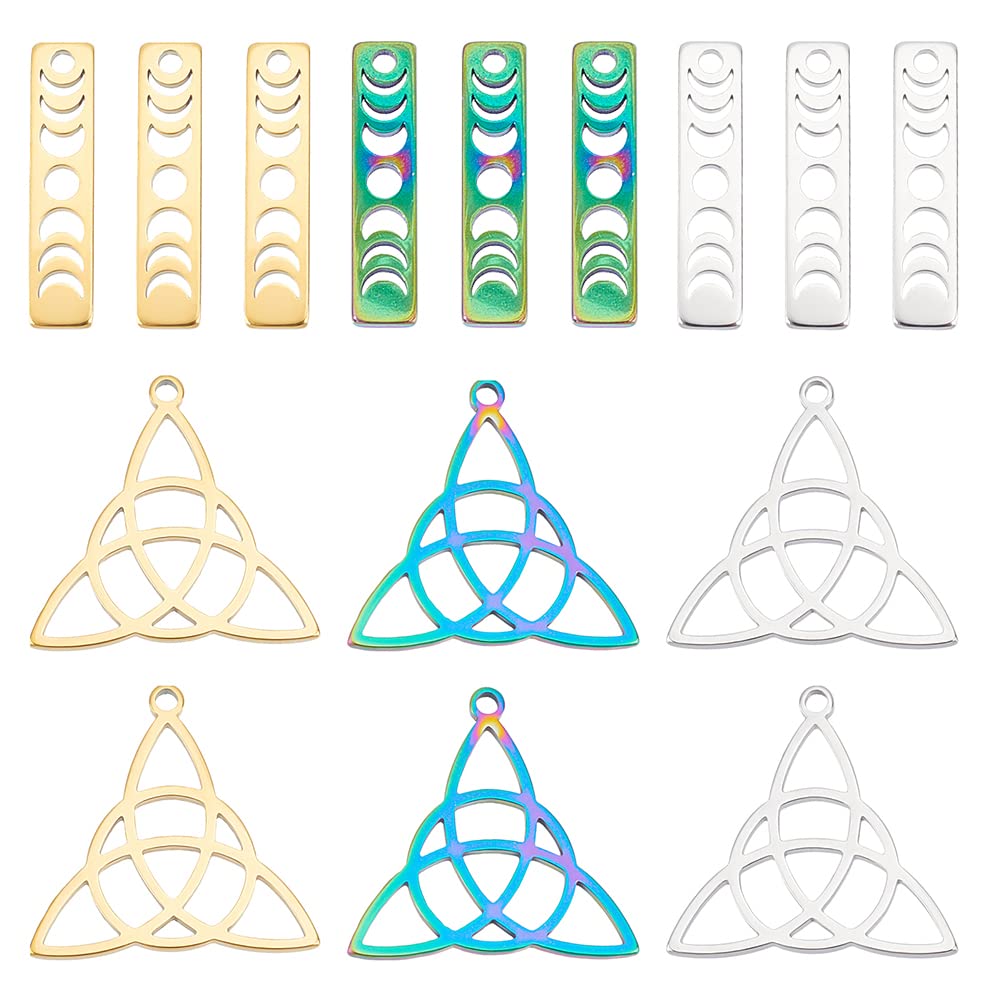 DICOSMETIC 24Pcs 2 Styles 3 Colors Trinity Knot Charm Irish Celts Jewelry Triangle Triquetra Pendant Moon Phase Bar Pendant Rectangle Crescent Moon Charm for DIY Craft Jewelry Making, Hole: 1.8/2mm