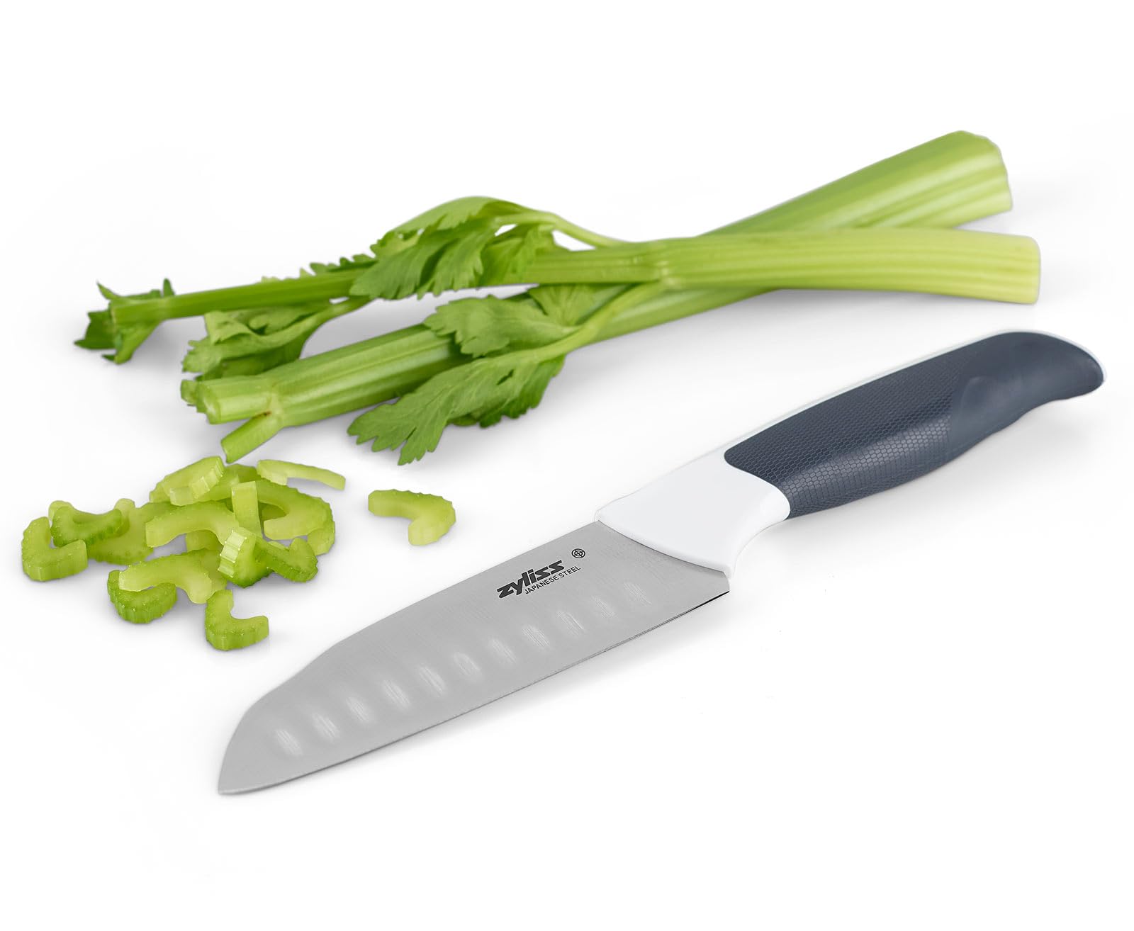 Zyliss Comfort Mini Santoku Knife, 12cm/4.5in, Japanese Stainless Steel, Non Slip Handle, Cover for Safety, Black/White, Professional Kitchen Knife, Dishwasher Safe