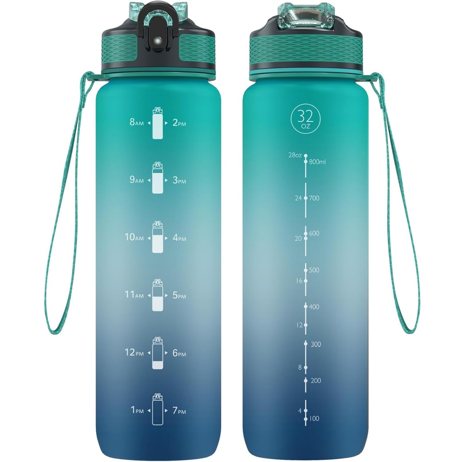 NAVTUE Water Bottle, 1L Sports Water Bottle with Straw, Time Markings, Tritan BPA free, Leakproof Drinks Bottle for School, Cycling, Running (1 Bottle)