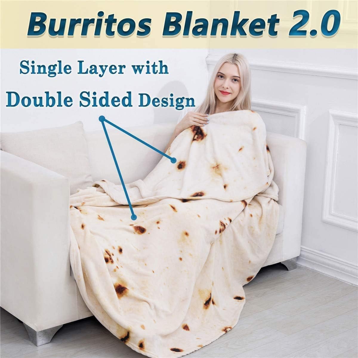 Jorbest Burritos Tortilla Blanket 2.0 Double Sided 60 inches for Adult and Kids, 285 GSM Funny Soft Flannel Taco Blanket, Novelty Giant Food Blanket for Everyone, Yellow Blanket Double Sided: Kitchen & Dining
