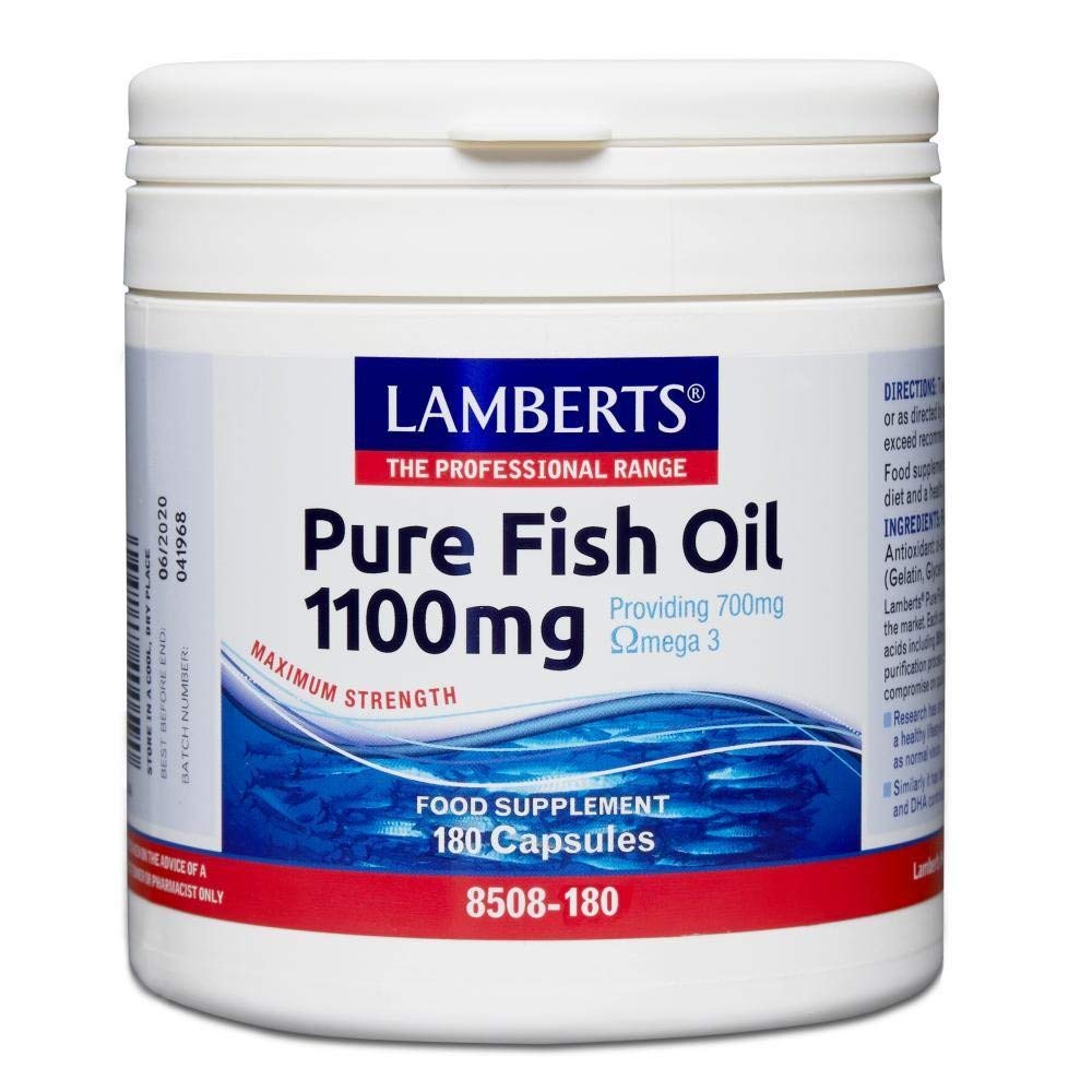 Lamberts Pure Fish Oil 1100mg – High Strength Omega 3 Supplement – 355mg EPA & 237mg DHA – 180 Capsules