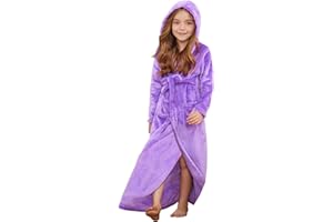 Jxstar Girls Bathrobes Kids Long Hooded Robes Plush Full Length Coral Fleece Pajamas Sleepwear