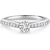 Gem Stone King 0.45 Cttw Round Lab Grown Diamond 10K White and Yellow Gold Engagement Ring For Women | E-F Color | VVS-VS Clarity | Round 4MM