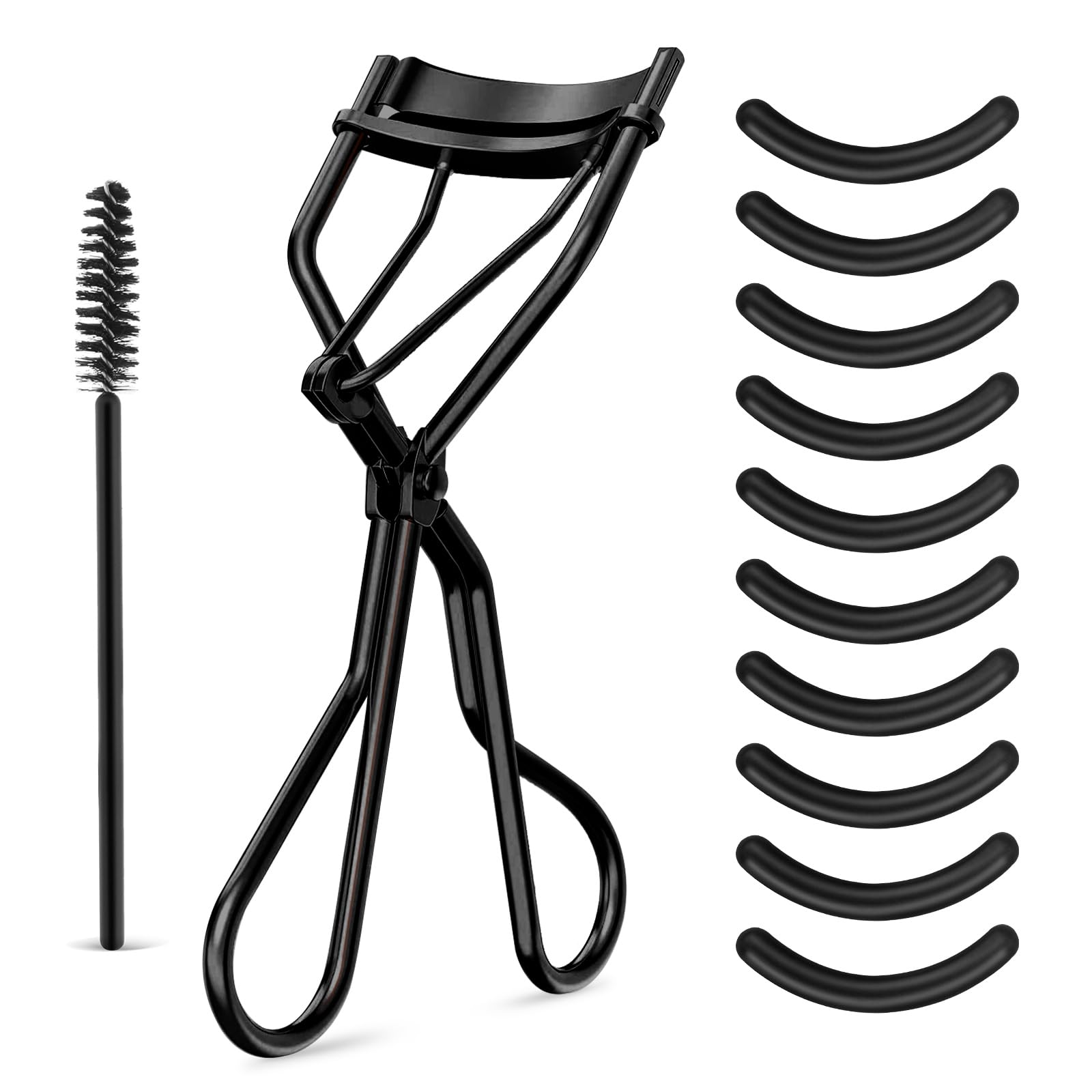 WLLHYF Eyelash Curler Kit, Beauty Eyelash Comb with 10 Black Silicone Refill Pads and 1 Mascara Brush Metal Eyelash Separator Universal Lash Curler Makeup Tool for Women and Girls