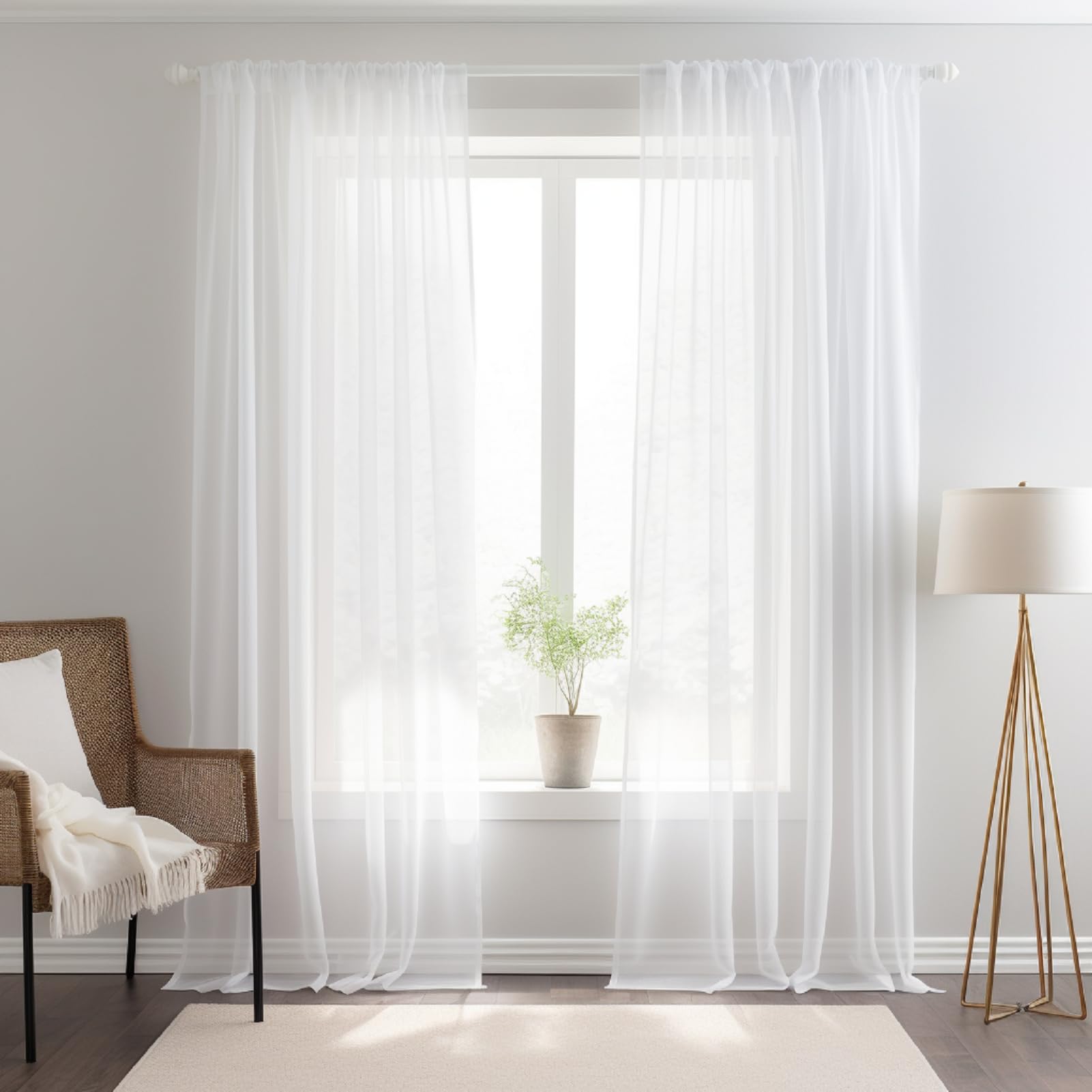 NAKIHOUSE Voile Curtain, 96 Drop Net Curtains Light Filtering Window Treatment Sheer & Drapes Slot Top White Sheer Curtains for Bedroom/Nursery Room 52" x 96", 2 Panels