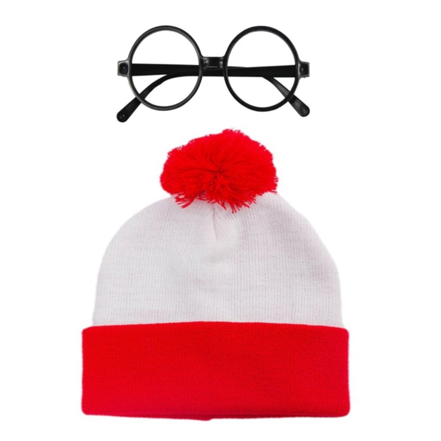 AOVNA Red & White Knitted Hat with Black Nerd Glasses World Book Day Costume Accessory for Women Men