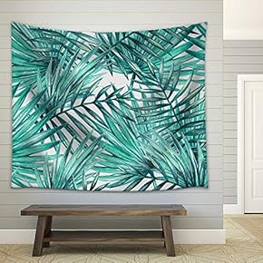 Watercolor Tropical Palm Leaves Seamless Pattern - Fabric Wall Tapestry Home Decor - 51x60 inches
